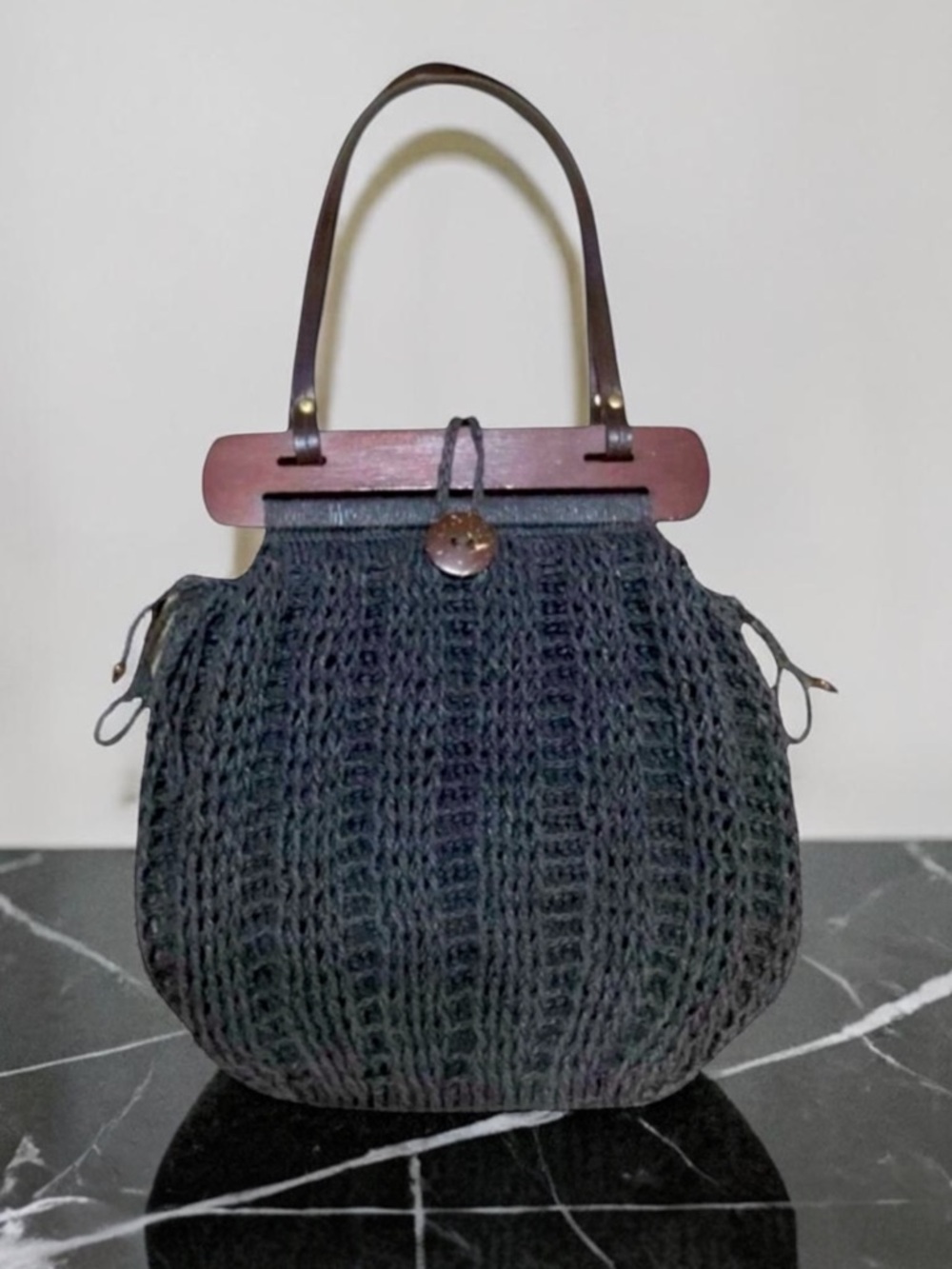 Cappelli Straworld Inc. Crochet Handbag Shoulder Bag Purse Tote Charcoal Black Y